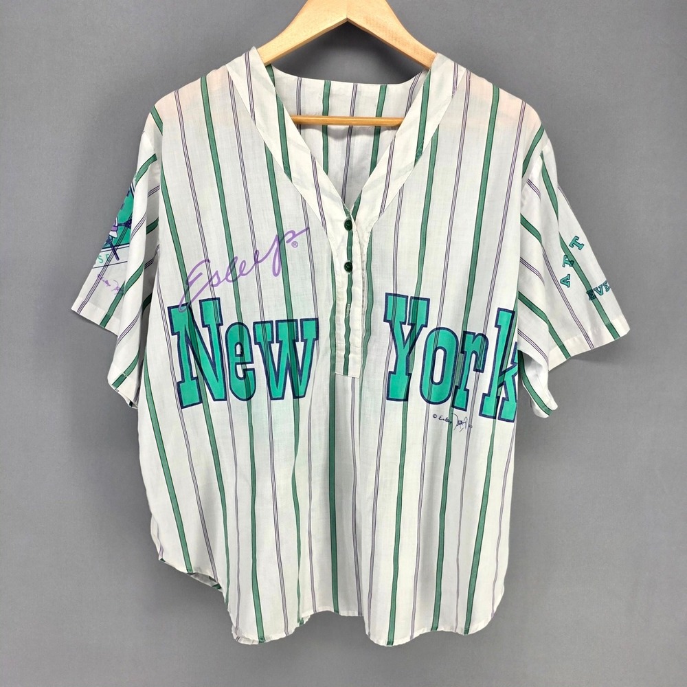 Esleep Jersey Shirt Mens XL White Green Pinstripe New York Lacrosse Vintage 1991